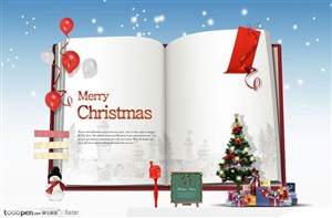一本打开的书和圣诞节礼物 圣诞树 雪人 红气球