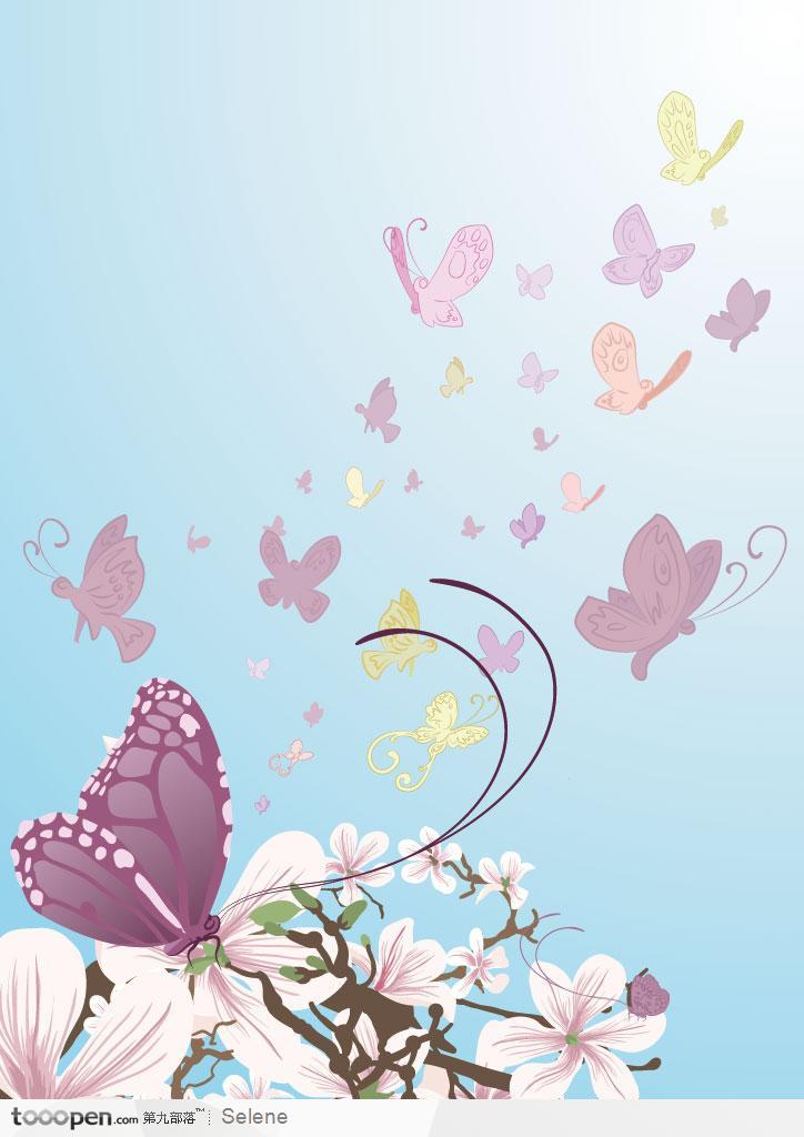 翩翩飞舞的蝴蝶和淡雅的花朵