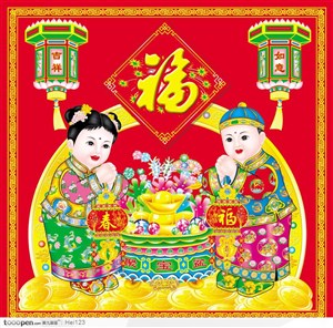 新年春节送财送福金童玉女传统吉祥年画设计