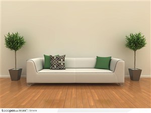 客厅装修的实木地板 沙发 靠枕 盘栽