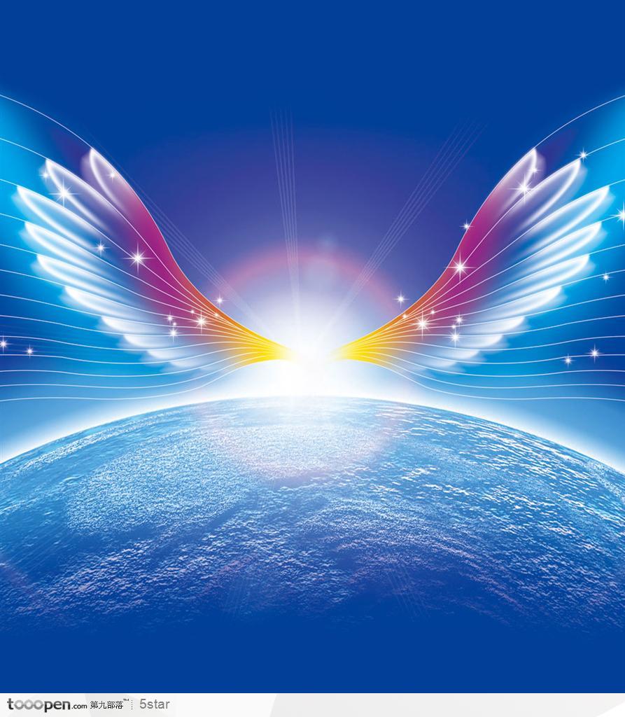 翅膀地球与光芒科技通讯公司矢量插画背景