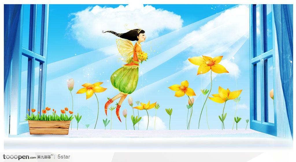 手绘唯美童话插画--窗台前飞过的花仙子
