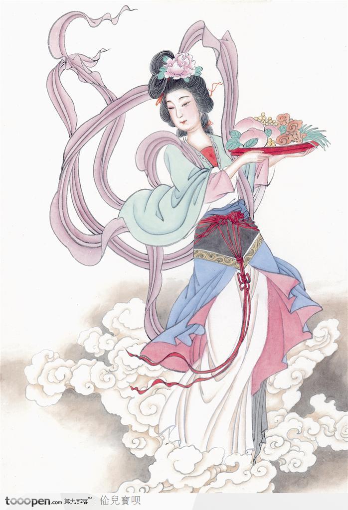 中国画 捧着仙桃腾云驾雾的仙女