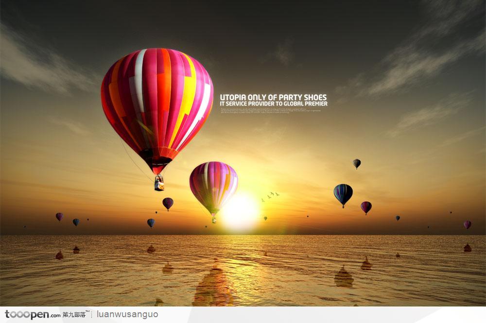 创意PSD—夕阳海洋海水热气球日落日出
