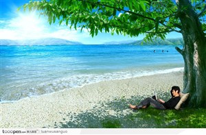 创意PSD—海滩沙滩海边海洋海水阳光树木笔记本电脑蓝天白云