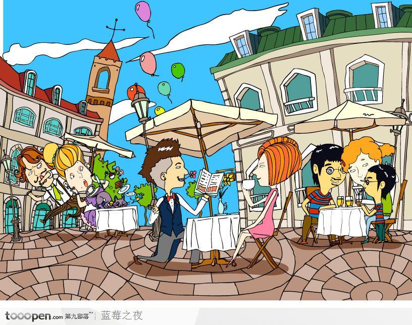 潮流卡通人物-在意大利室外餐厅用餐的女士
