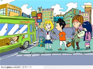 潮流卡通人物-等公交车的城市时尚青年