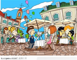 潮流卡通人物-在意大利室外餐厅用餐的女士
