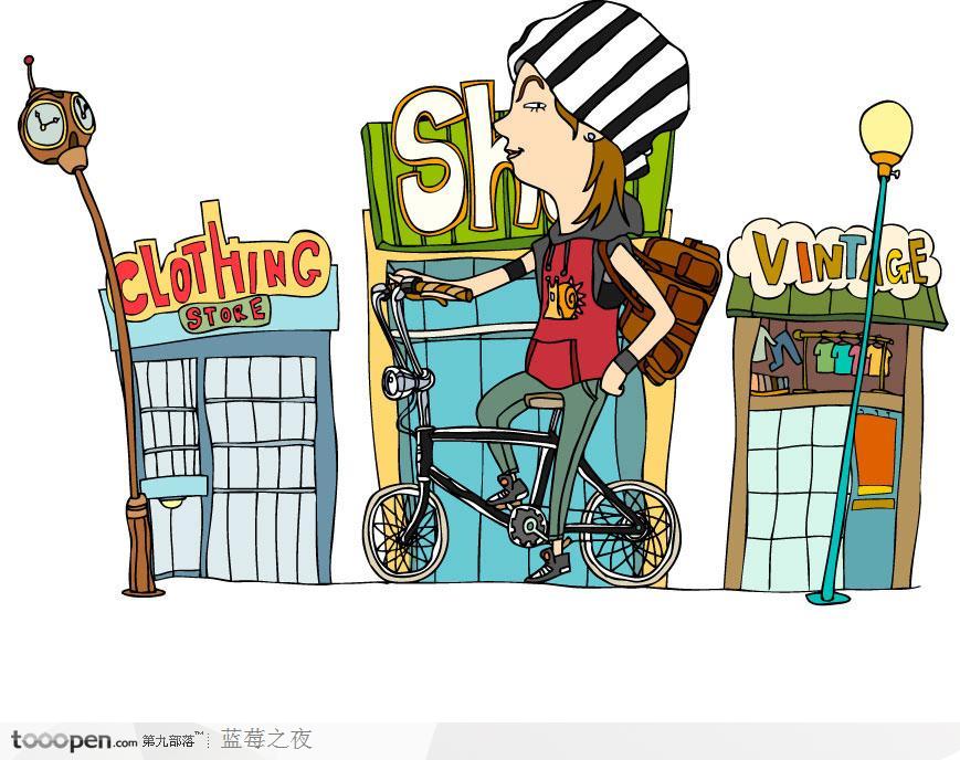 潮流卡通人物-骑脚踏车去旅行的年轻人