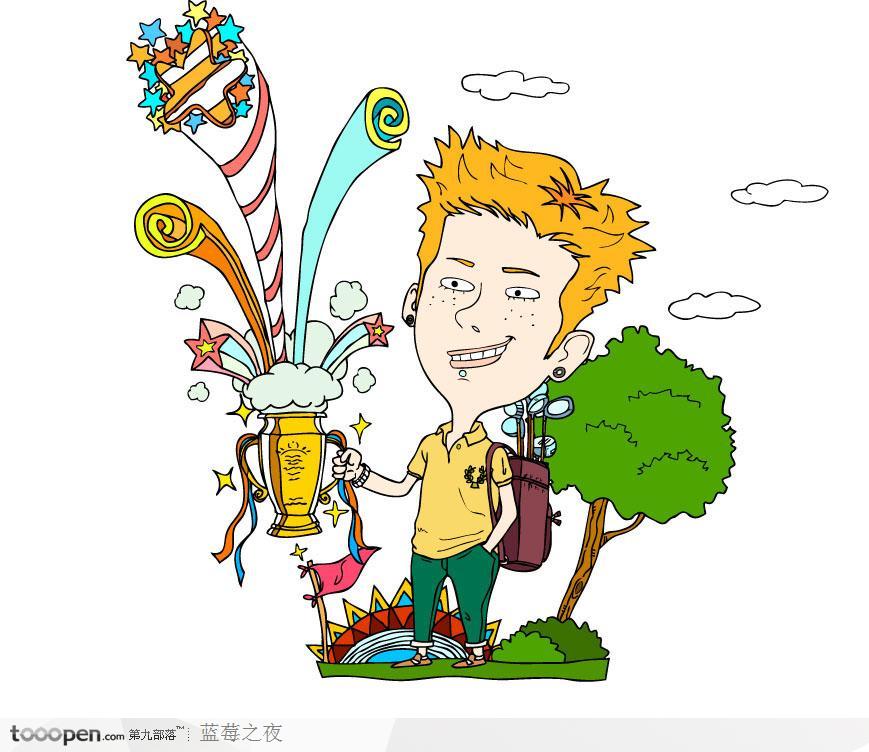 潮流卡通人物-拿着奖杯的高尔夫球男孩