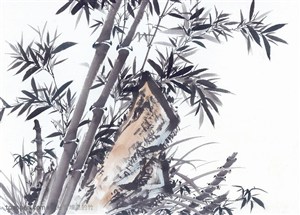 水墨畫之斜的竹子和石頭
