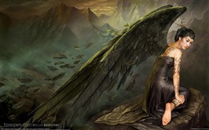 有翅膀的黑天使CG动漫插画美女
