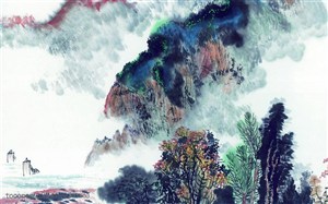 中国写意山水画-秋季山林的风景