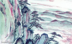 中国写意山水画-山石上的迎客松