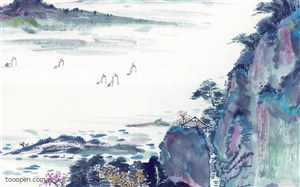 中国写意山水画-山腰上的亭子和远方河水里泛起的小舟