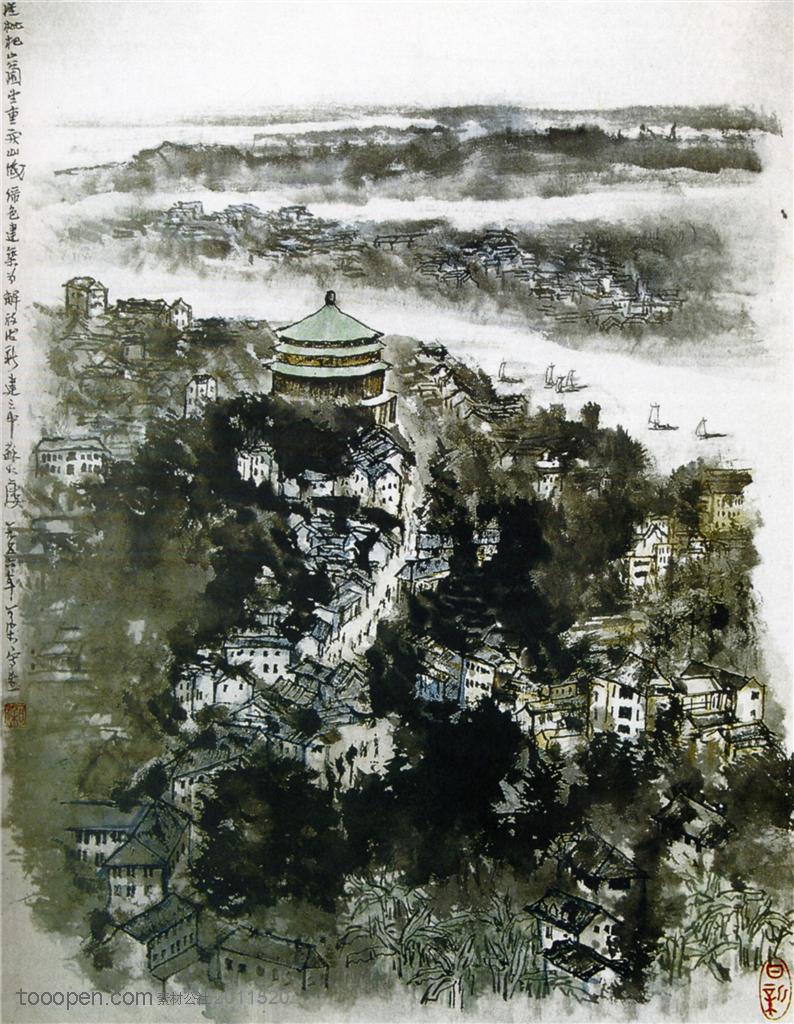 国画名家作品-李可染的从枇杷山公园望重庆山城