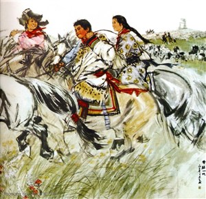 国画名家作品-黄胄的幸福一代骑马在草原上奔驰