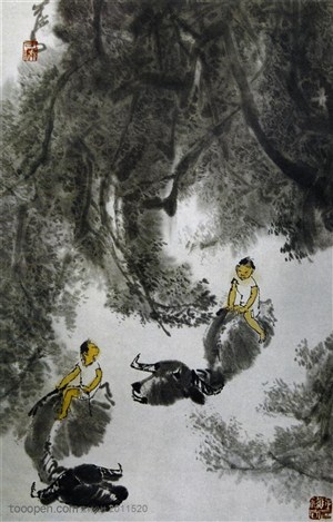国画名家作品-李可染的榕下渡牛图