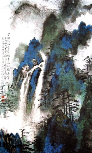 国画名家作品-刘海粟的黄山人字瀑