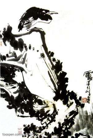 国画名家作品-潘天寿的鸟石图