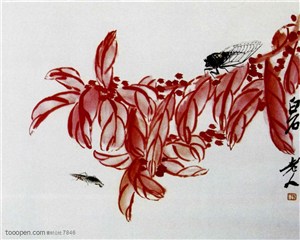 国画名家作品-齐白石的红叶秋蝉