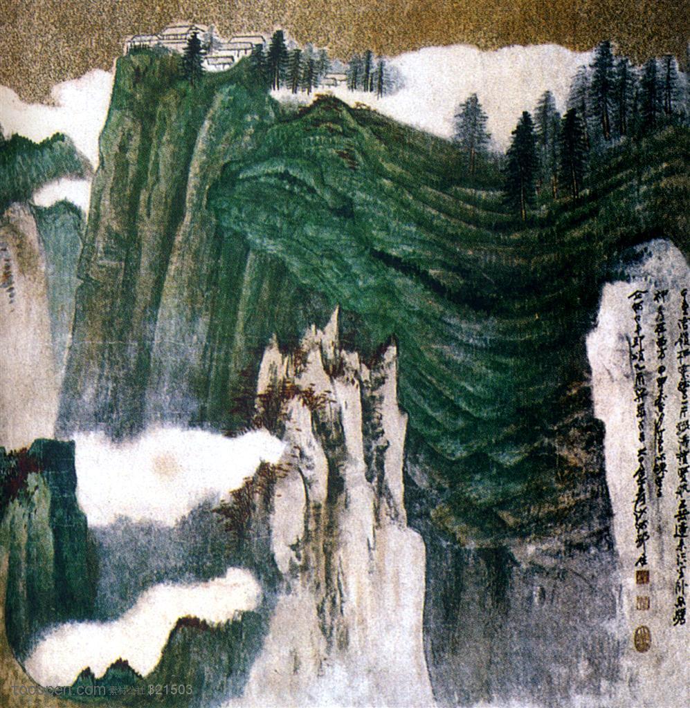 国画名家作品-张大千的峨眉山水图 山峰