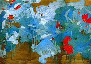 国画名家作品-张大千的朱荷通景屏 蓝色荷叶