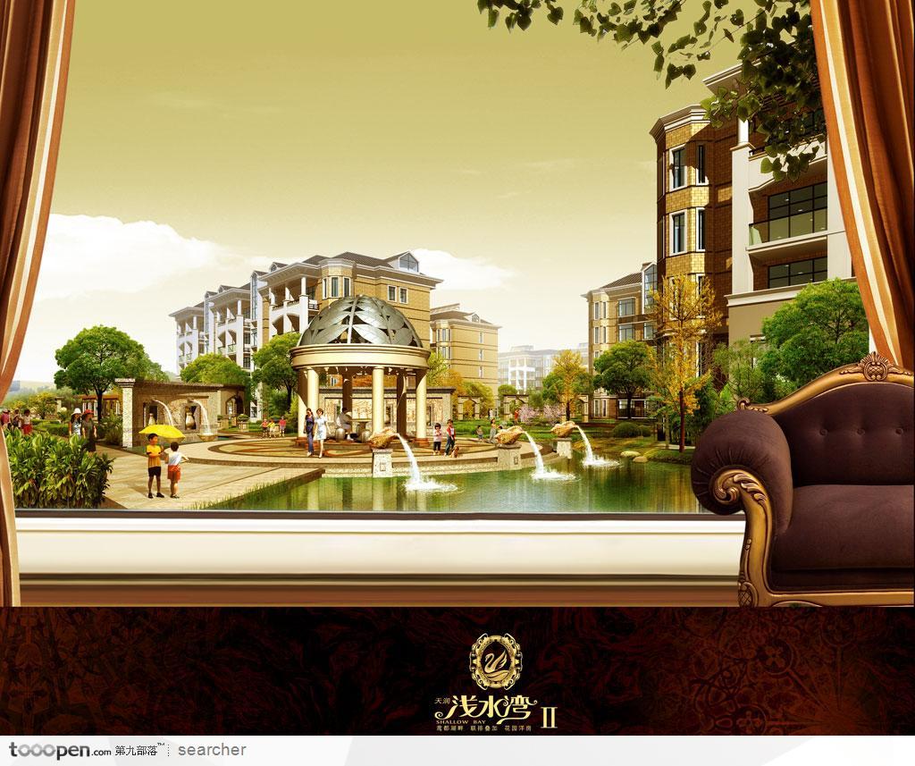 房地产广告素材--欧式沙发 窗帘和窗外的园林水景建筑