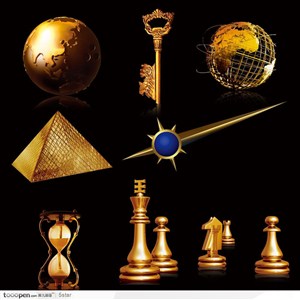 房地产广告图形素材--金色地球、国际象棋、金钥匙、金漏斗