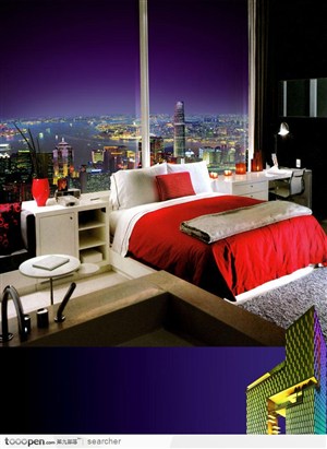 房地产广告创意画面—卧室窗外的城市夜景