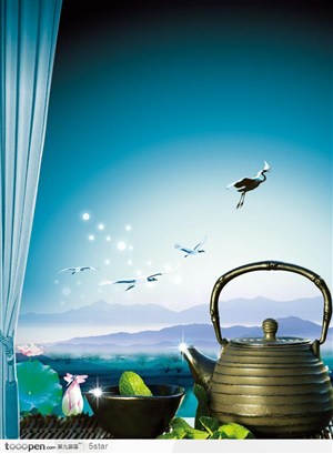 茶道茶文化广告--精美的陶瓷茶具和远山 仙鹤