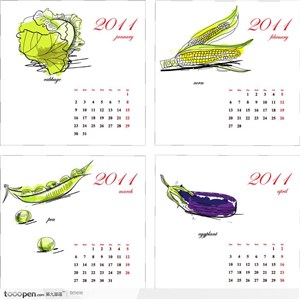 简易彩绘蔬菜包菜豆角、玉米与茄子-2011台历5-月