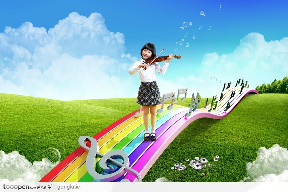 彩虹桥 小提琴 音符 小女孩