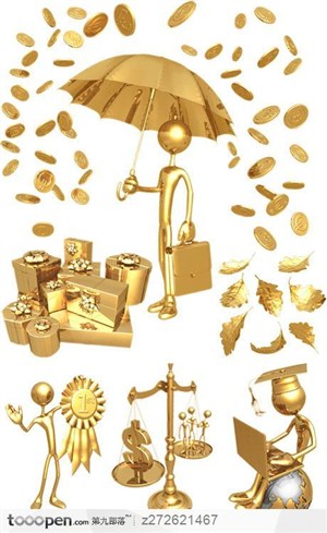 立体小金人撑伞、金色礼品盒、博士png透明素材