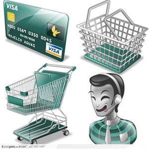 绿色购物主题图标--购物车、购物篮、信任卡、服务员