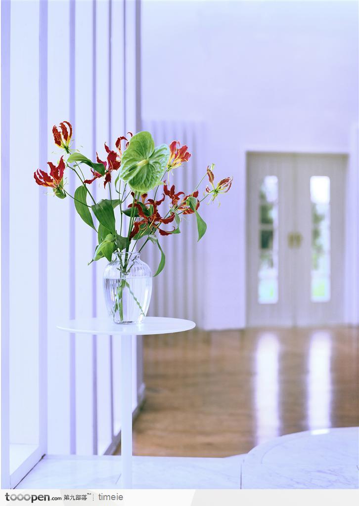 室内一角-高清玻璃瓶中的绿色植物和花朵