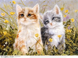 草丛中两只可爱小猫手绘可爱动物高清图片