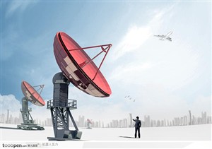 创意商业设计-红色雷达卫星接收器与商务男士