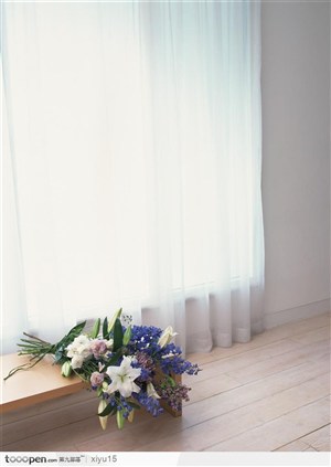 插花物语-窗帘下的一束百合花