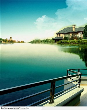 精品别墅房地产广告—湖边的水景独栋别墅和观景阳台