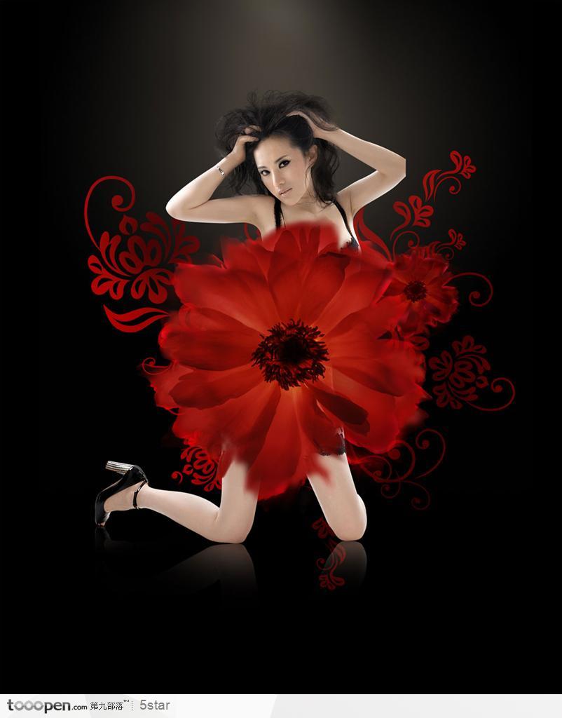 化妆品创意广告画面－－一朵红色的花和一个美女