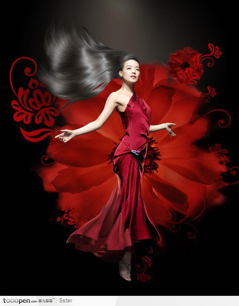 化妆品创意广告画面－－红色的花和穿红色晚礼服的美女舒淇