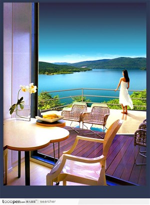 房地产水景别墅广告--站在阳台上看水景山景的美女
