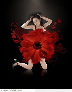 化妆品创意广告画面－－一朵红色的花和一个美女