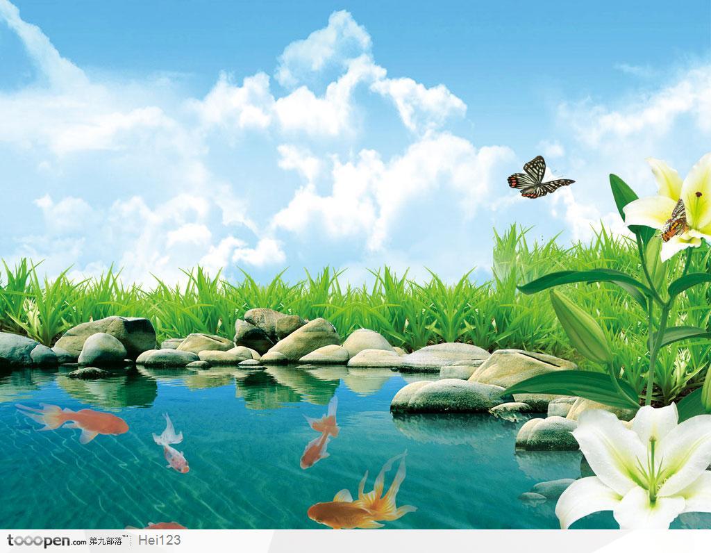 分层花卉素材－－水池里的金鱼和水池边的百合花 草地和蝴蝶
