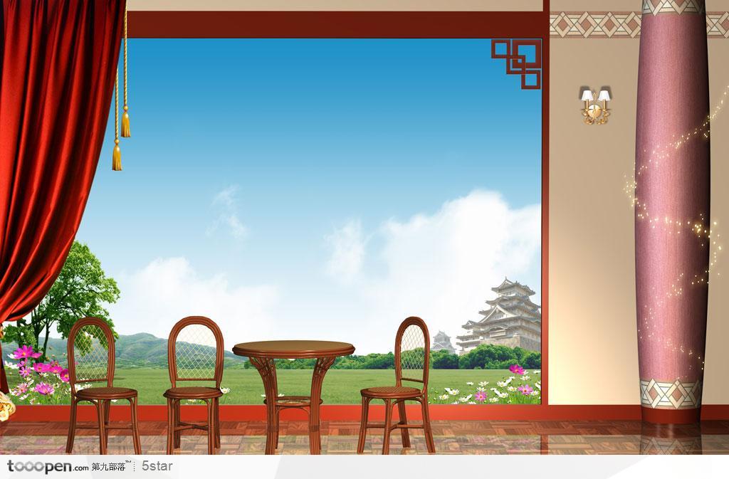 韩国室内静物－－红色窗帘、藤桌椅和窗外风景