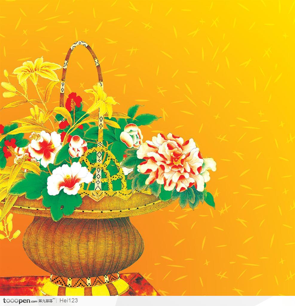 中国工笔画－－手绘花篮子里的茶花和百合花