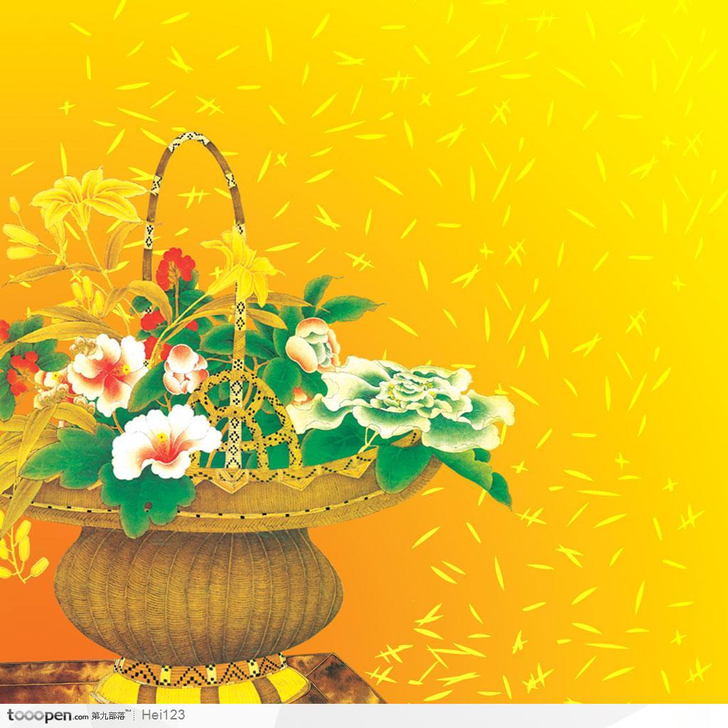 中国工笔花鸟画－－手绘花篮子里的茶花和百合花