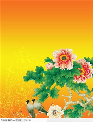 中国工笔花鸟画－－富贵牡丹图和喜雀