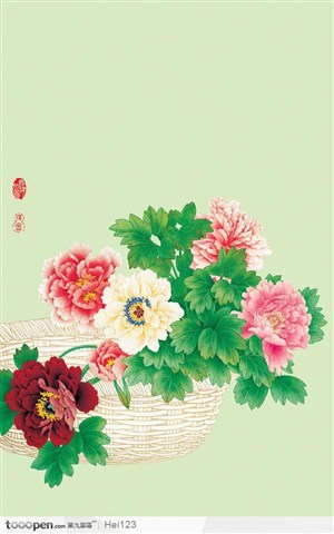 中国工笔花鸟画－－富贵牡丹花和竹蓝子